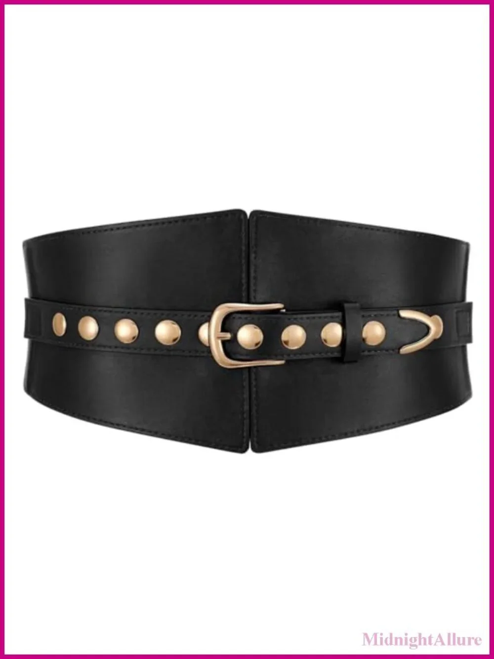 Wide Elastic Waist Belt Faux Leather Gold Rivet Buckle for Dress